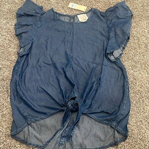 Soft Denim Blouse with Ruffle Sleeves